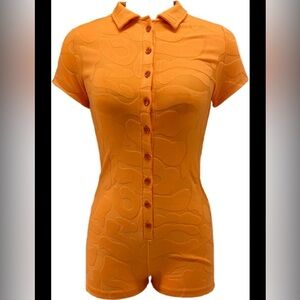 Woman’s Orange Romper - Short Sleeve, Polo Neck. Button Front. Size Large